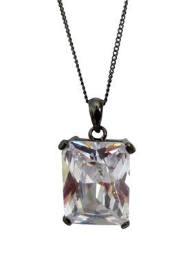 Faceted Crystal Pendant Necklace In Black Metal Setting on 15" to 18" Chain